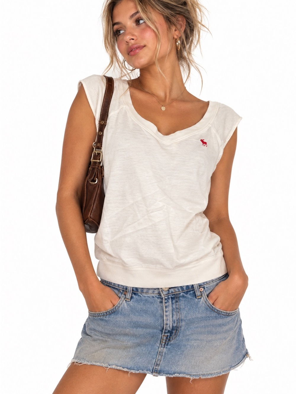 Abercrombie Vintage Y2K White Moose Logo Cap Sleeve Top Size L